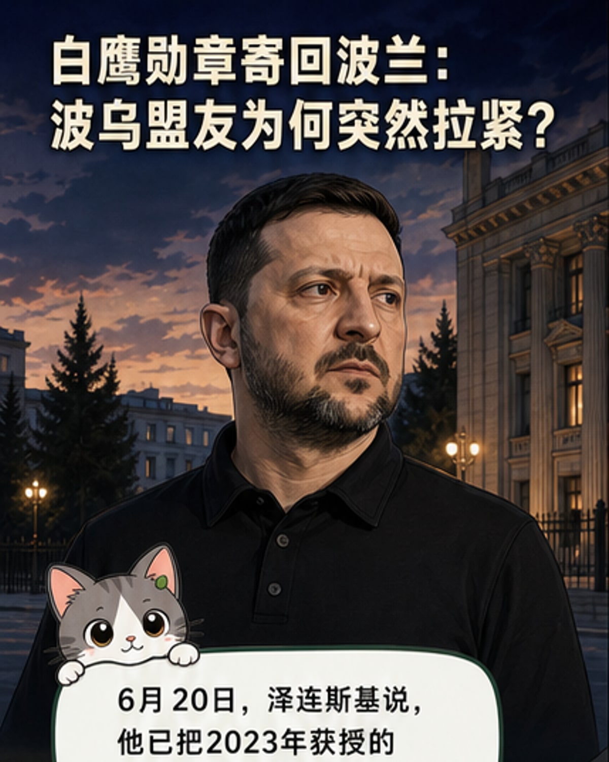 泽连斯基手持信封准备寄出勋章,背景是乌克兰与波兰国旗