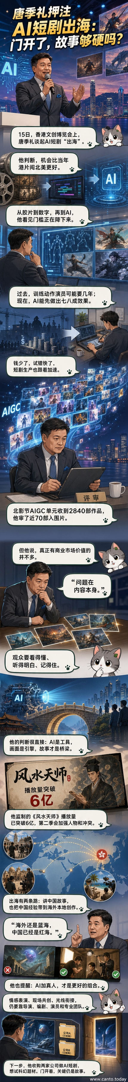 导演唐季礼站在AI生成的奇幻场景前,手持剧本,神情专注,背景融合传统风水元素与未来科技视觉。