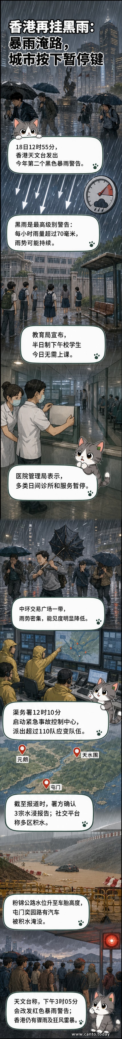 香港暴雨期间街道积水严重，行人撑伞艰难行走，远处车辆部分被淹没。