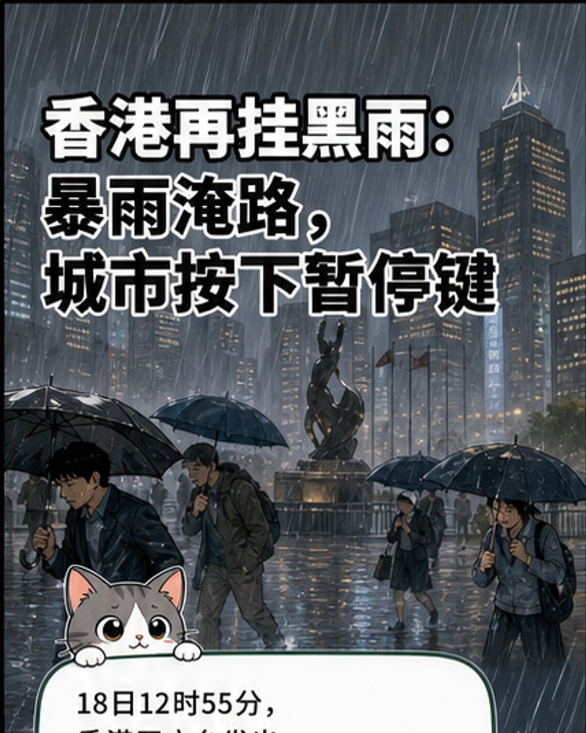 香港暴雨期间街道积水严重，行人撑伞艰难行走，远处车辆部分被淹没。