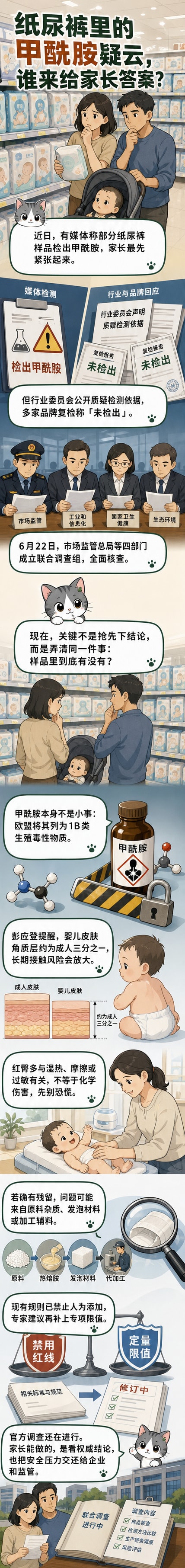 一幅卡通风格的画面：婴儿躺在地上玩耍，旁边是打开的纸尿裤包装，放大镜下显示其成分标签上标有‘甲酰胺’字样，背景是担忧的父母和显微镜下的分子结构。