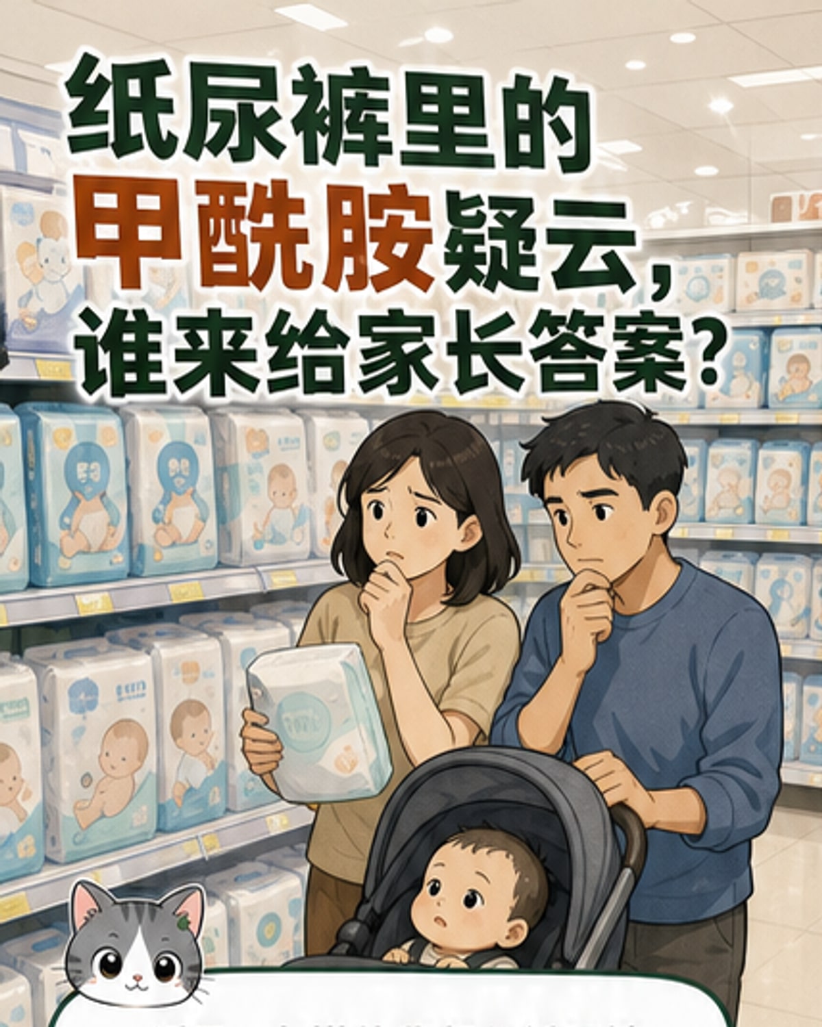 一幅卡通风格的画面：婴儿躺在地上玩耍，旁边是打开的纸尿裤包装，放大镜下显示其成分标签上标有‘甲酰胺’字样，背景是担忧的父母和显微镜下的分子结构。