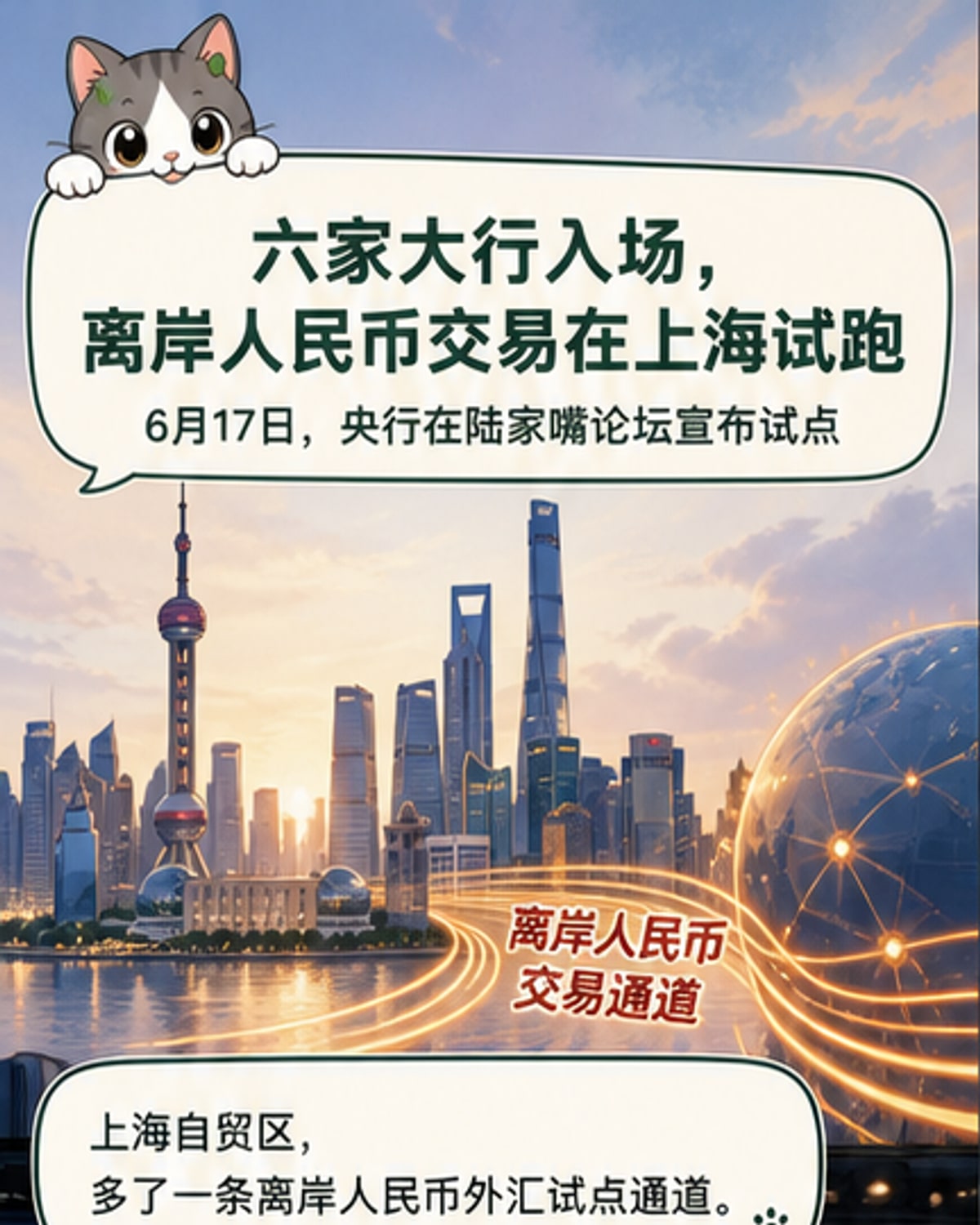五家大型银行标志环绕上海自贸区地图，背景是人民币符号与全球货币交汇的线条，象征离岸人民币外汇试点启动
