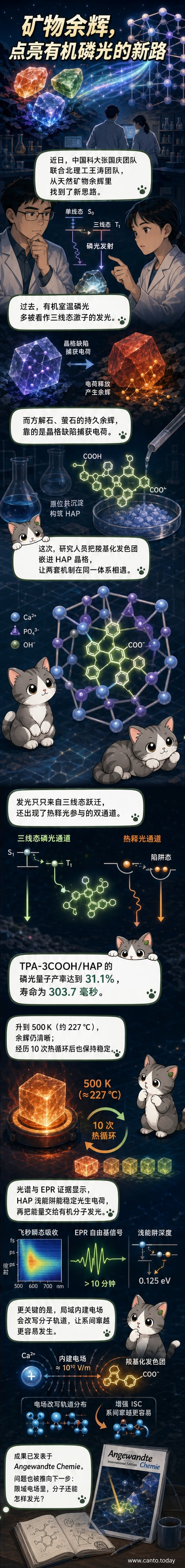 示意图展示有机分子嵌入羟基磷灰石晶格后,在光照下同时产生三线态磷光与热释光的协同发光机制。
