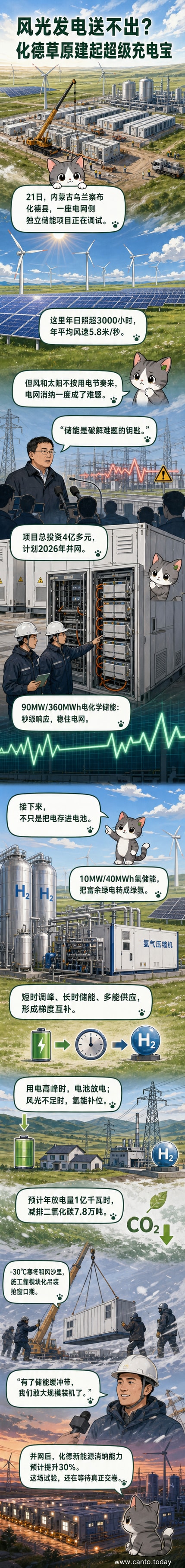 内蒙古化德县草原上的银色氢气储罐与电池舱并列,远处风力发电机矗立,展现电化学与氢储能融合的新能源设施全景