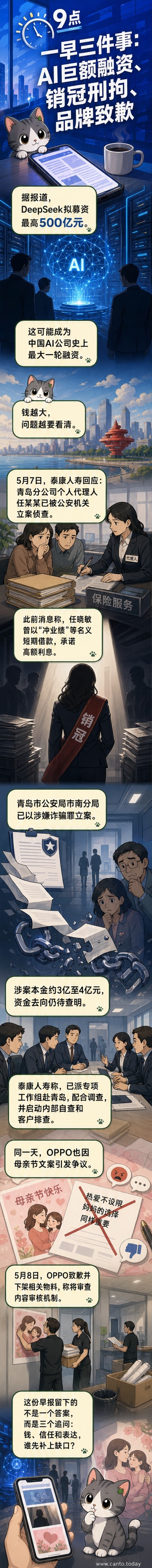 深色背景中悬浮着发光的神经网络结构，象征AI大模型，下方是DeepSeek公司标志和500亿元融资数字