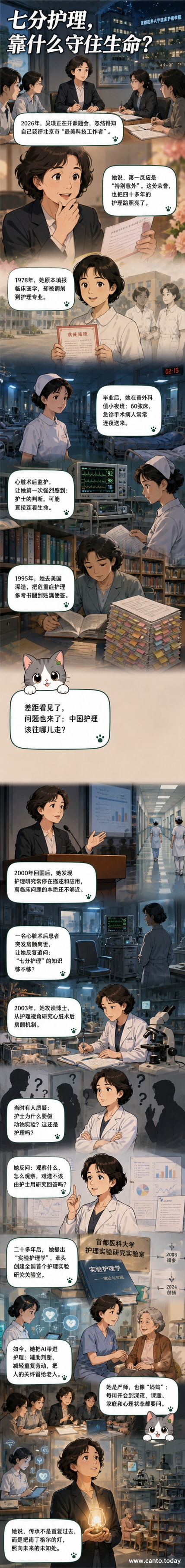 一位戴眼镜的女教授在实验室记录数据，背景是护理AI系统界面和心脏监测图，象征护理科学与技术的融合