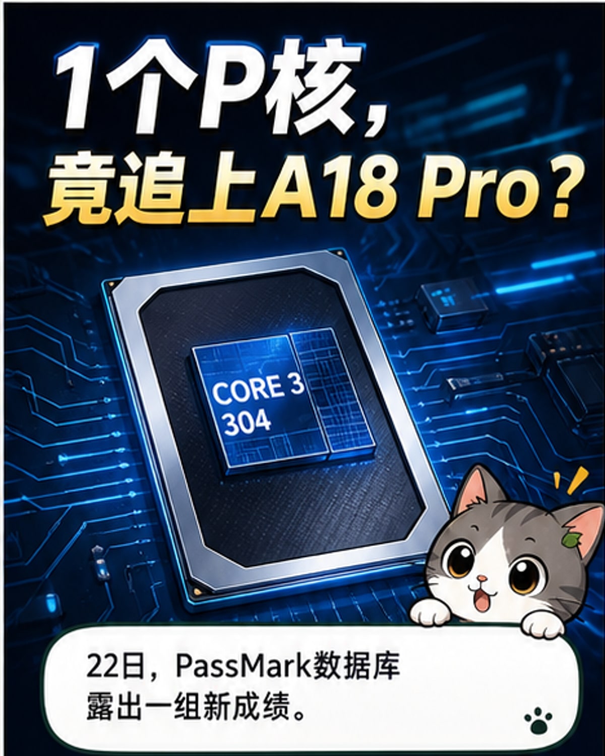 Intel Wildcat Lake酷睿3 304与苹果A18 Pro处理器性能对比示意图