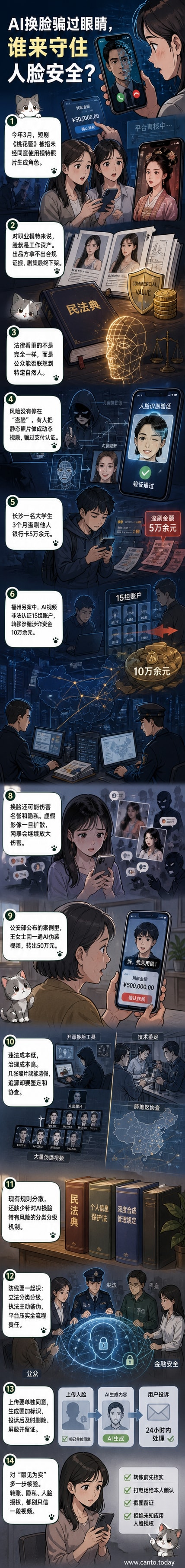 一幅数字风格插图:一个人脸被数据流覆盖,部分像素化并显示‘伪造’水印,背景是锁链断裂的图标和警示符号,象征AI换脸带来的安全威胁