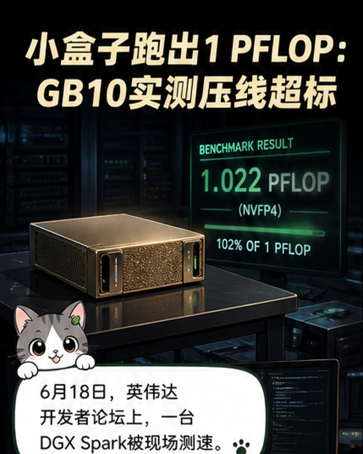 英伟达与联发科联合设计的GB10芯片示意图,背景为超级计算平台DGX Spark的运行界面,显示算力突破1 PFLOP