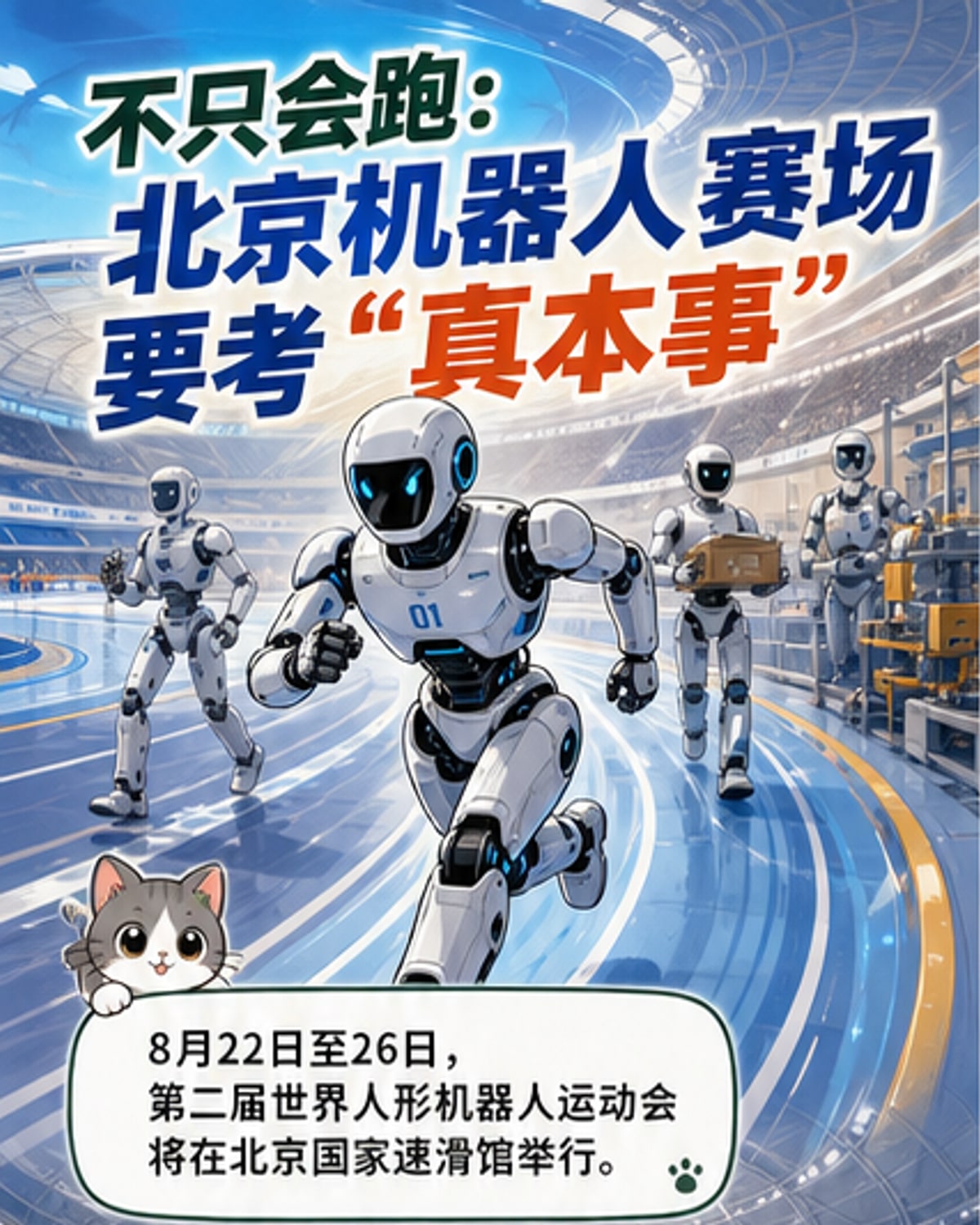 第二届世界人形机器人运动会宣传图,展示多个机器人在不同场景中执行任务,包括跑步、搬运、操作工具和打乒乓球。