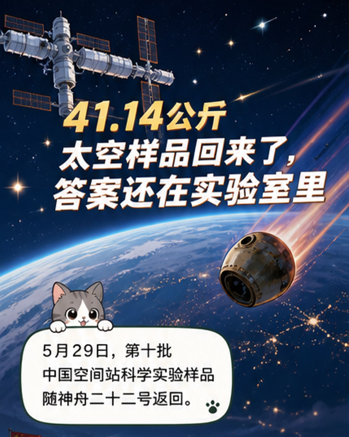 中国空间站新一批实验样品返回