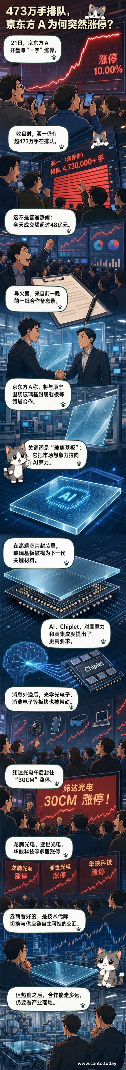京东方A股票涨停板,交易软件显示买一档堆积473万手买单,背景为公司与康宁合作的技术示意图