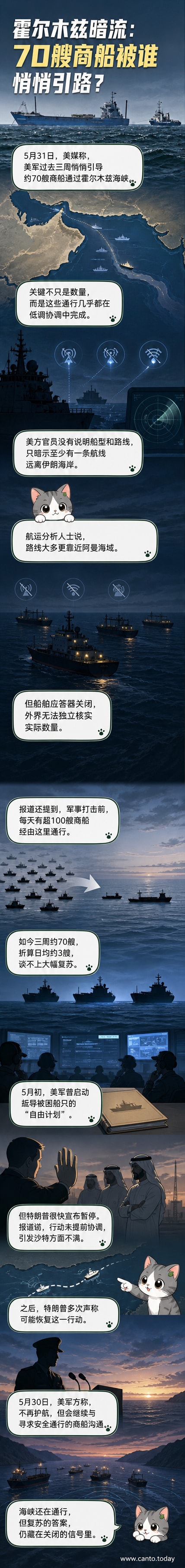 一艘商船在美军引导下穿越霍尔木兹海峡,背景为阿曼海岸线,远处可见护航舰影。
