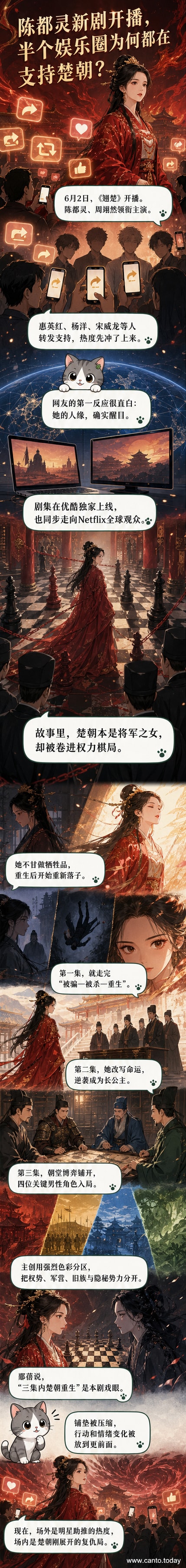 陈都灵饰演的楚朝身穿红色古装立于对称构图的宫殿中,背景为浓烈红色帷幕,光影分明,呈现强烈的视觉风格化设计