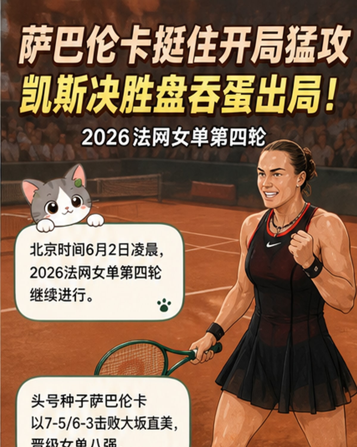萨巴伦卡力克大坂直美进八强