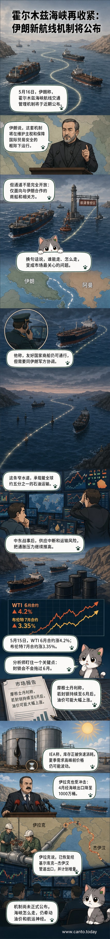 霍尔木兹海峡地图示意,标注伊朗与阿曼位置,油轮航线及全球石油运输占比