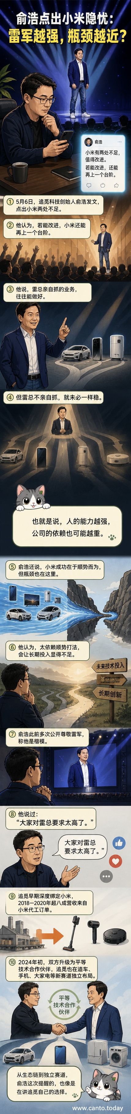 追觅创始人俞浩评论小米发展模式,指出对雷军个人依赖过重及长期战略投入不足的问题