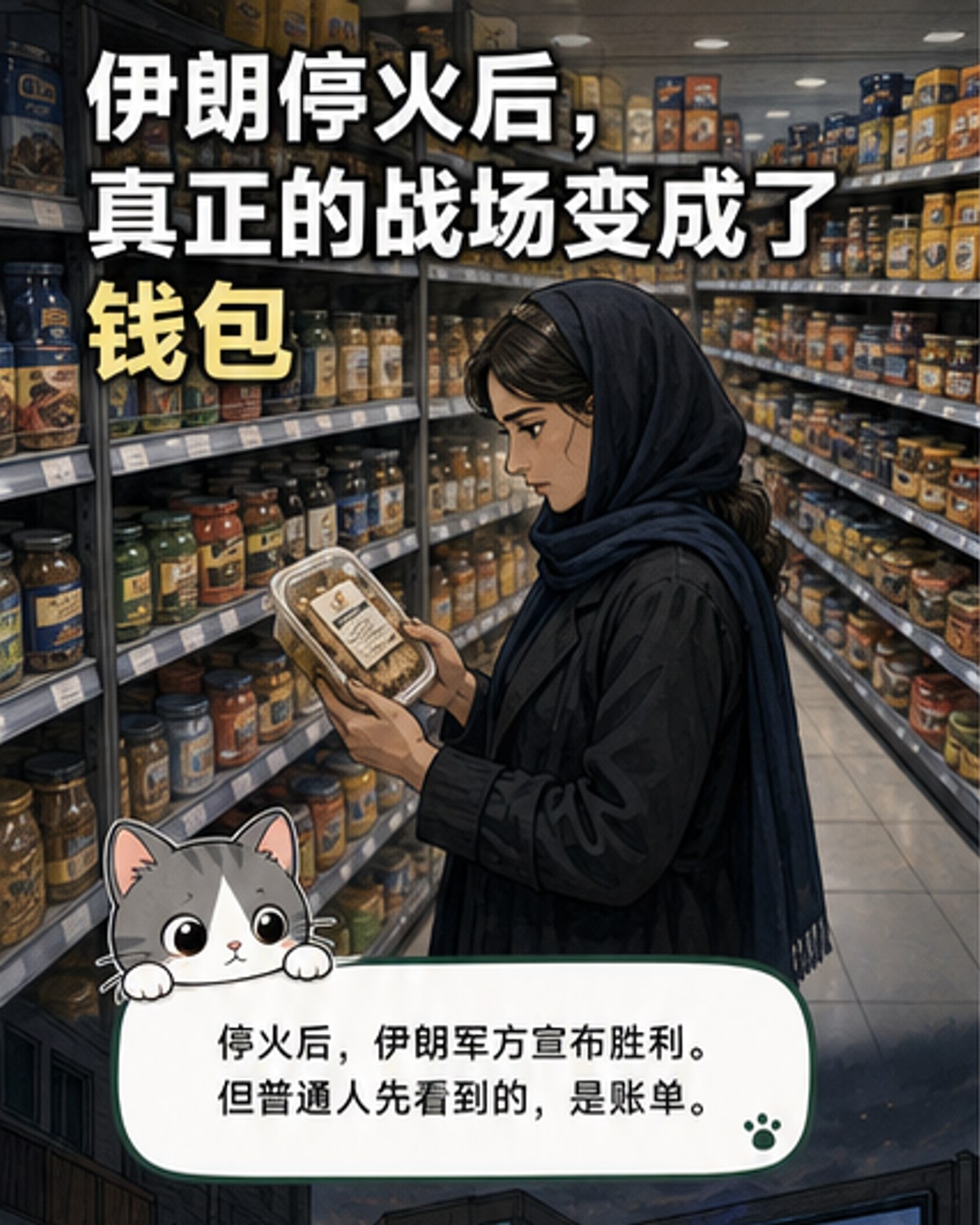 一名伊朗男子在德黑兰街头售卖三明治，背景是物价飞涨的广告牌和破旧的街道，象征战争后的经济困境。