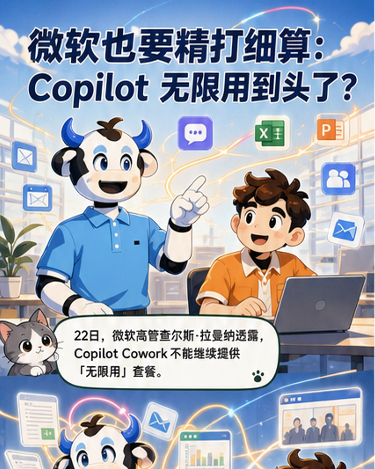 微软标志与DeepSeek模型代码界面交叠，背景是不断上升的成本曲线与服务器群