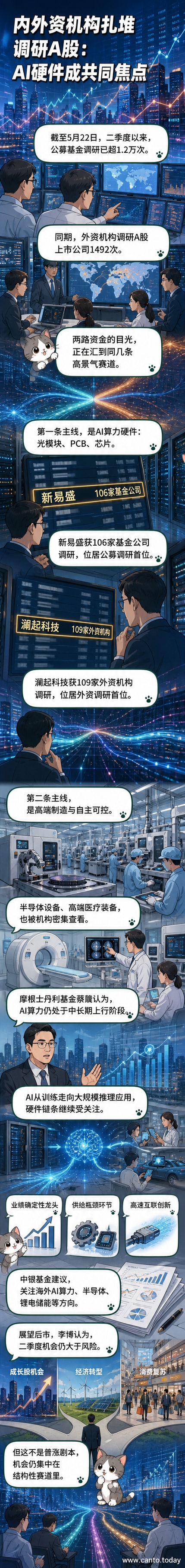 图表显示公募与外资机构对A股科技类公司的调研热度上升，聚焦AI算力、半导体和高端医疗设备