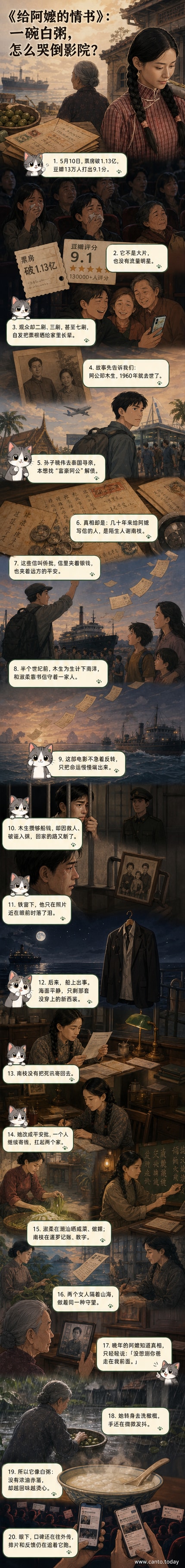 电影《给阿嬷的情书》画面：老阿嬷坐在潮汕老屋天井，手中拿着泛黄信纸，窗外细雨绵绵，背景是斑驳的砖墙与青苔。