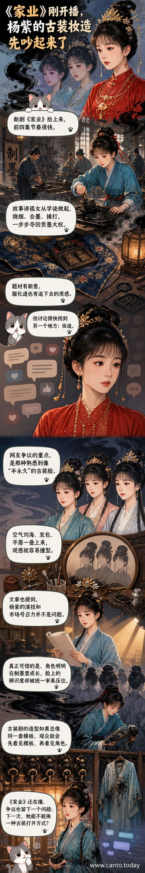杨紫身穿古装,额前是厚重的空气刘海与发包,神情专注,背景为传统制墨工坊场景