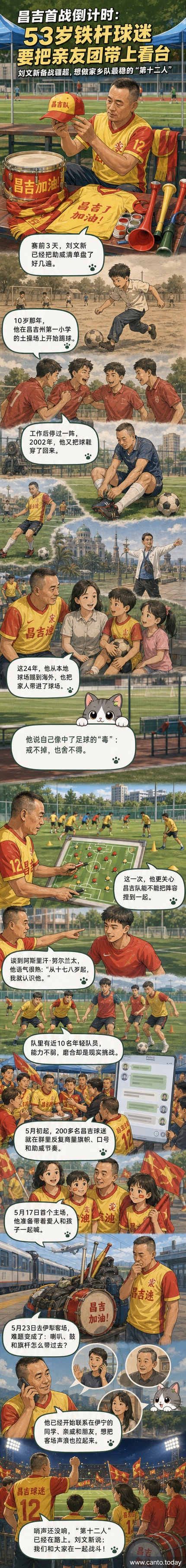 一位中年男性球迷身穿昌吉队T恤,手持鼓槌站在球场边,身后是挥舞的旗帜和助威人群。