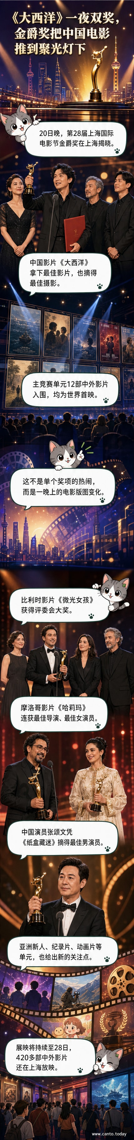 第28届上海国际电影节金爵奖颁奖典礼现场,获奖剧组登台领奖
