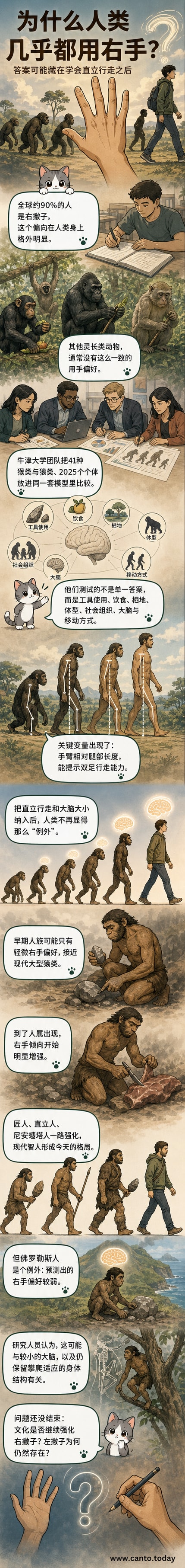 一幅示意图展示人类从猿类演化过程中逐渐形成右撇子倾向,背景为原始人直立行走与大脑发育的对比图。