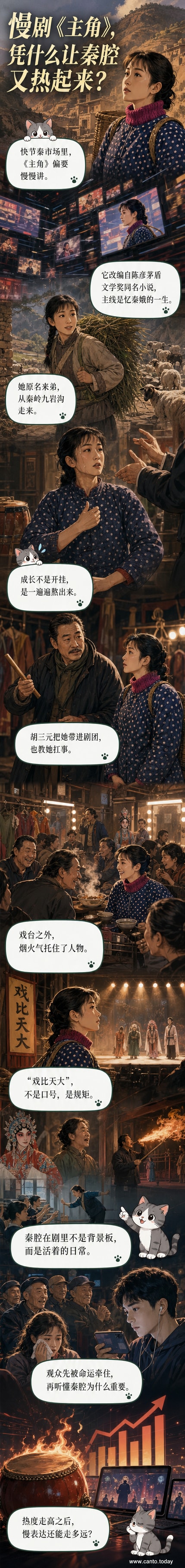 电视剧《主角》海报风格画面:女主角忆秦娥身着秦腔戏服立于舞台中央,背后是黄土高原的苍茫夜色,远处隐约可见剧团灯火与城市轮廓,象征传统与时代的交织。