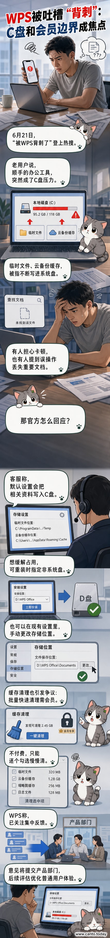 一幅讽刺风格插画:一台电脑屏幕显示‘文档丢失’警告,背后一个戴眼镜的办公软件图标正悄悄把文件拖进标有C盘的垃圾桶,标题写着‘谁在偷偷占用我的C盘?’