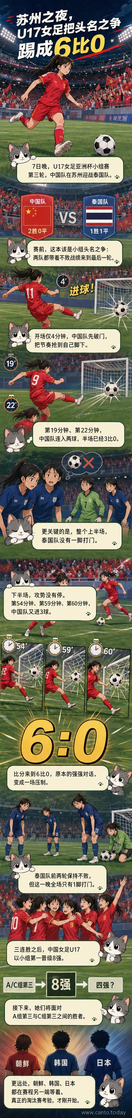 中国U17女足队员在苏州主场庆祝进球,背景是满场挥舞的国旗和热烈的球迷助威场景