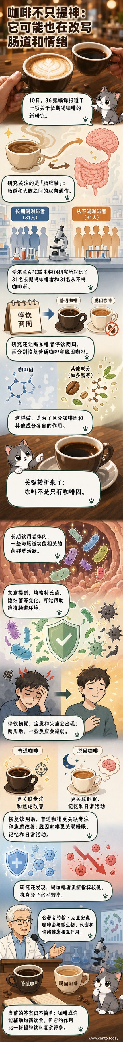一杯热咖啡旁边展示肠道与大脑连接的示意图,表示咖啡通过肠脑轴影响身心健康。