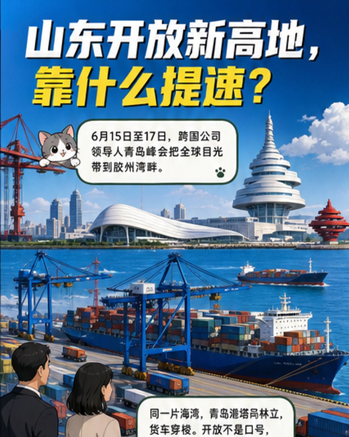 山东港口集装箱码头繁忙景象,塔吊林立,货轮进出,展现高水平对外开放活力