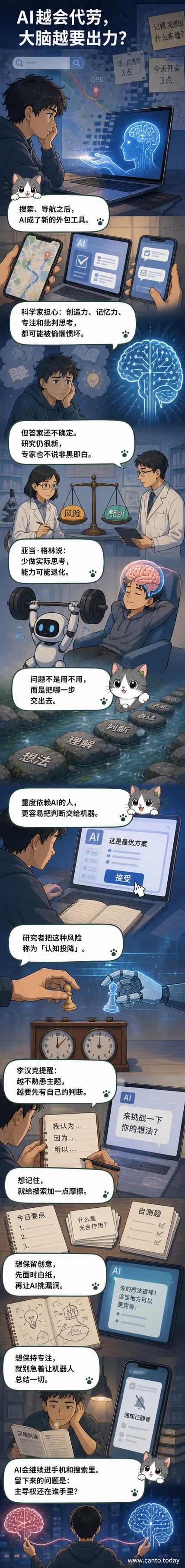 一个人站在分叉路口，一边是标注‘人类思维’的小路，另一边是标注‘AI路径’的平坦大道，背景是大脑与电路的融合图像。
