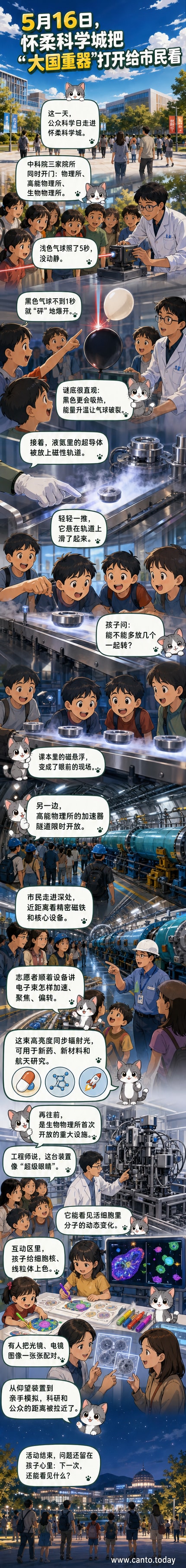 孩子们在科学展台前围观激光打气球实验，背景是写着‘公众科学日’的横幅和科研人员讲解的展板