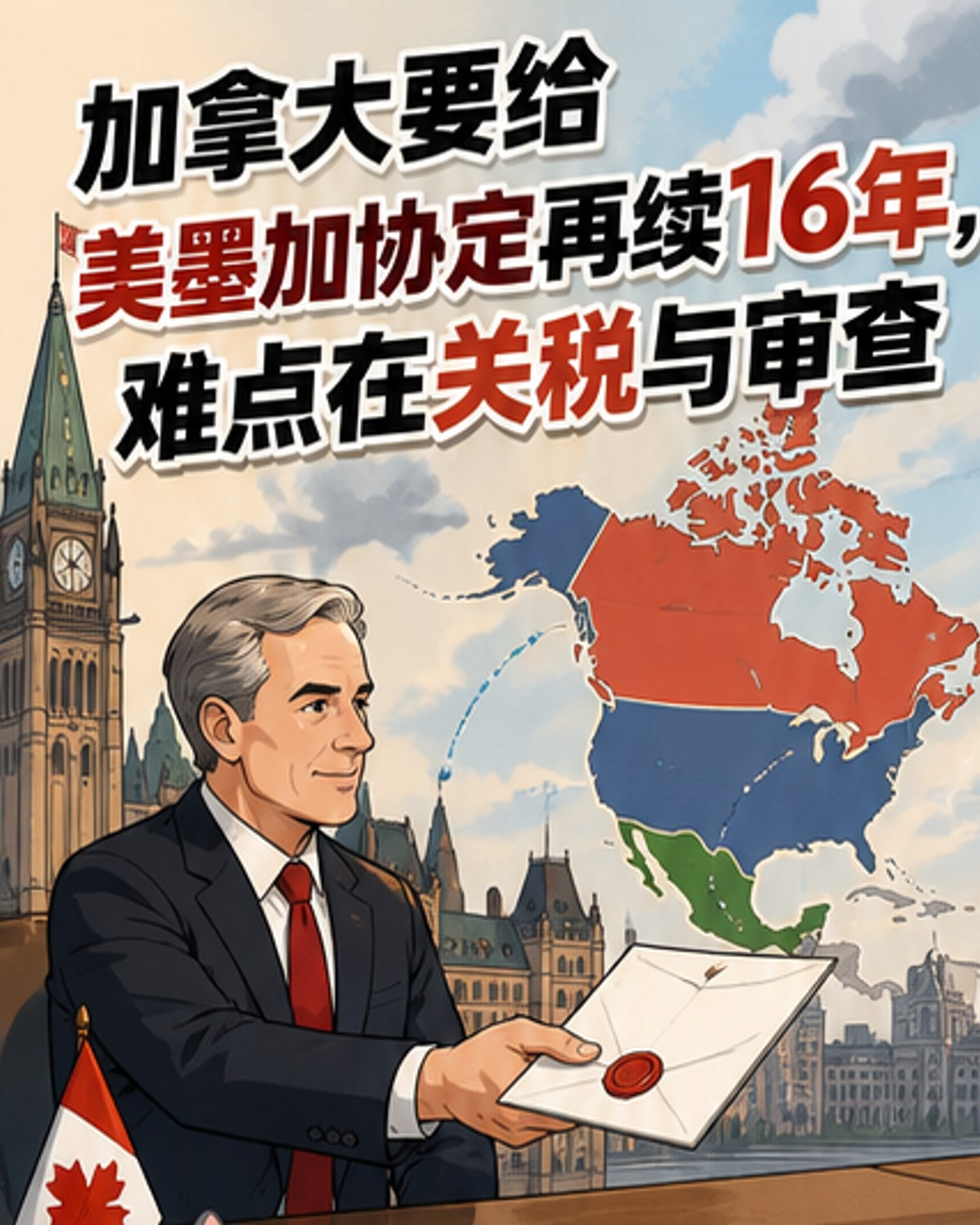 加拿大、美国、墨西哥三国国旗并列，象征美墨加协定的延续谈判