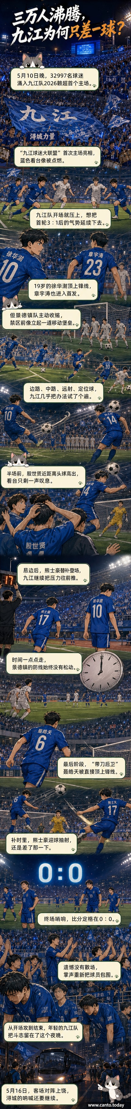 九江市体育中心体育场内，三万名球迷身穿蓝色球衣高举巨型Tifo，背景是‘九江九江 威震四方’的横幅，战鼓与旗帜交织，气氛热烈。