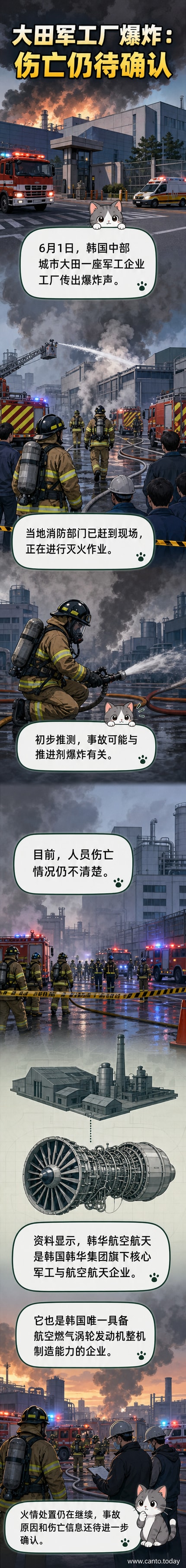 韩国大田市一处军工工厂冒出浓烟,消防车正在现场作业,远处可见韩华航空航天的建筑