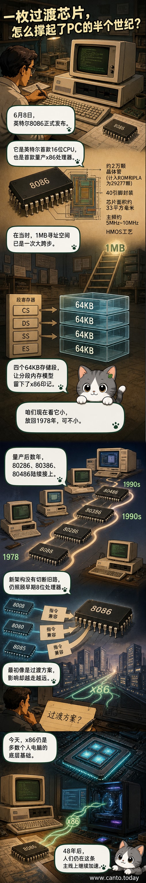 一块复古风格的英特尔8086处理器特写,背景是1978年技术文档与现代PC芯片的对比时间线