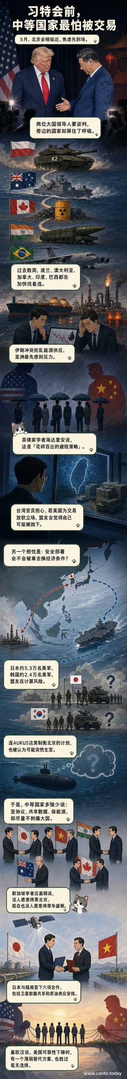 一幅世界地图上,多个中等国家图标正连接起军事与能源合作线路,背景是中美两国领导人剪影对峙。