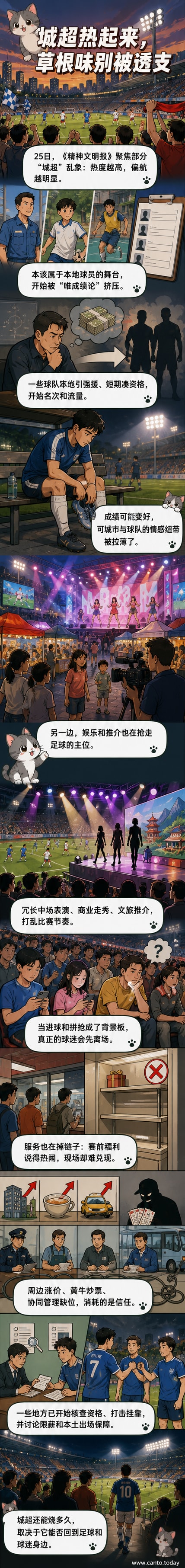 一幅描绘城市足球联赛现场的插画，球场上球员激烈拼抢，看台上有球迷举旗呐喊，但中场舞台上演着与足球无关的商业表演，场外黄牛在兜售门票，整体画面呈现热闹背后的混乱与失衡。