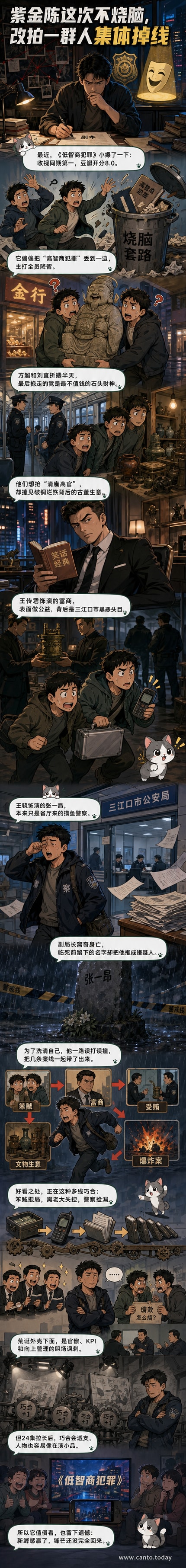 《低智商犯罪》剧照:两个笨贼抱着石头财神像站在金店门口,警察在远处张望,背景是爆炸烟雾,画面充满荒诞喜剧感
