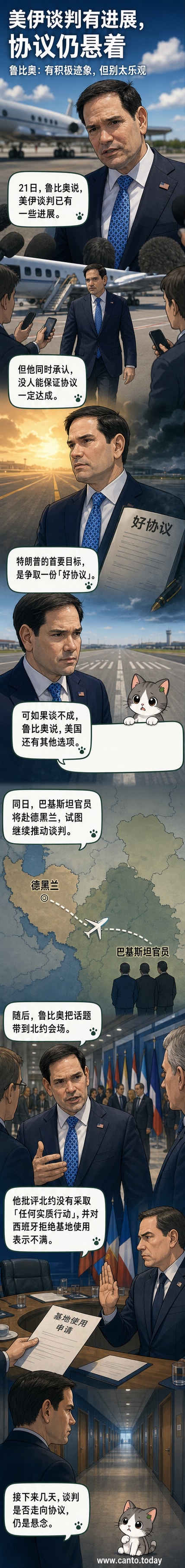 美国国务卿鲁比奥在机场接受采访,背景为前往瑞典的航班信息屏,画面下方叠加美伊国旗与谈判场景插图。