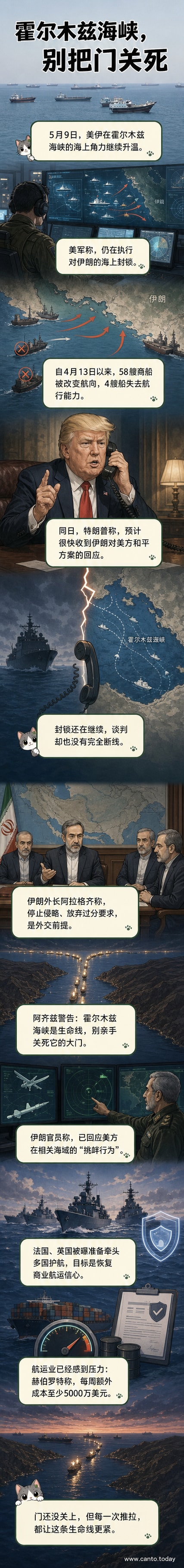 霍尔木兹海峡地图示意图，显示美军舰艇与伊朗军方对峙，商船绕行，上方标注紧张局势影响全球能源运输