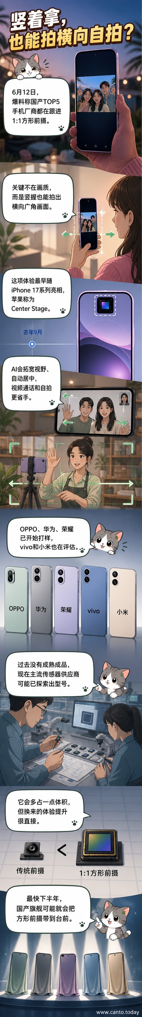 一部手机屏幕朝上放置,前置摄像头区域突出显示为方形,周围环绕OPPO、华为、荣耀、vivo、小米品牌标识,象征国产旗舰集体跟进方形前摄设计