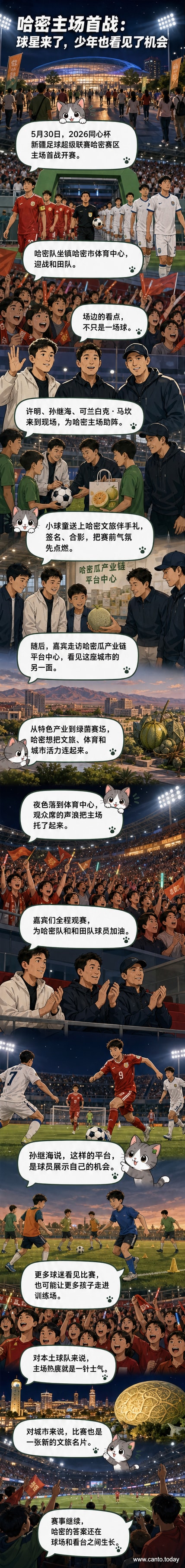 哈密体育中心绿茵场上，球员激烈拼抢，看台上有嘉宾与球迷热烈观赛，背景可见‘2026同心杯’赛事标识。