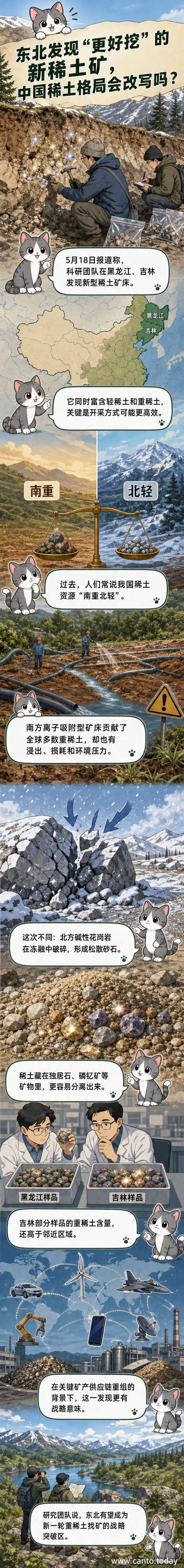 科研人员在东北花岗岩风化壳剖面进行采样，背景为群策山地貌，图示新型稀土矿形成机制