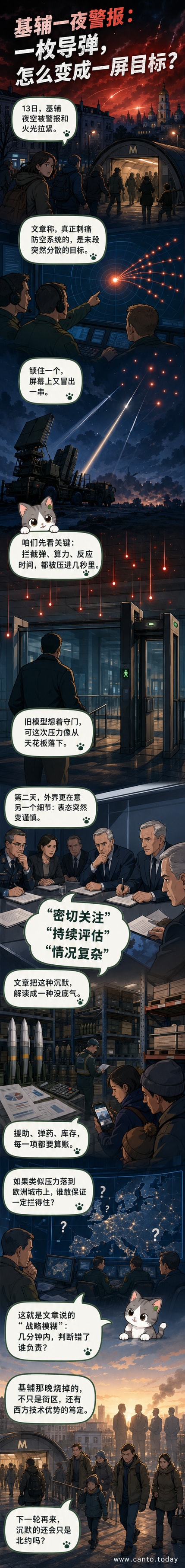夜空中导弹分裂成多个光点，地面城市闪烁警报，防空系统屏幕显示目标过载